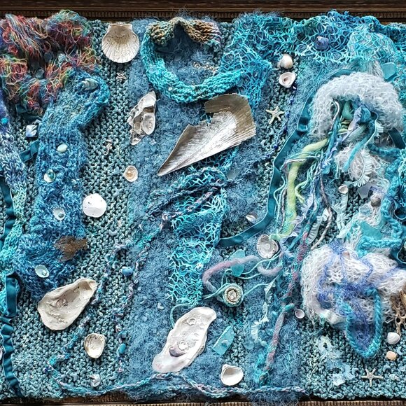 New framed fiber art, ready to hang. Organic elements. 32x12 in.Mixed media art. - Picture 1 of 4